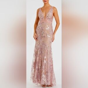 Mac Duggal Pink Floral Embellished Sleeveless Plunge Neck Gown